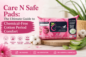 alt=Care N Safe pads organic cotton packaging with Aloe Vera label