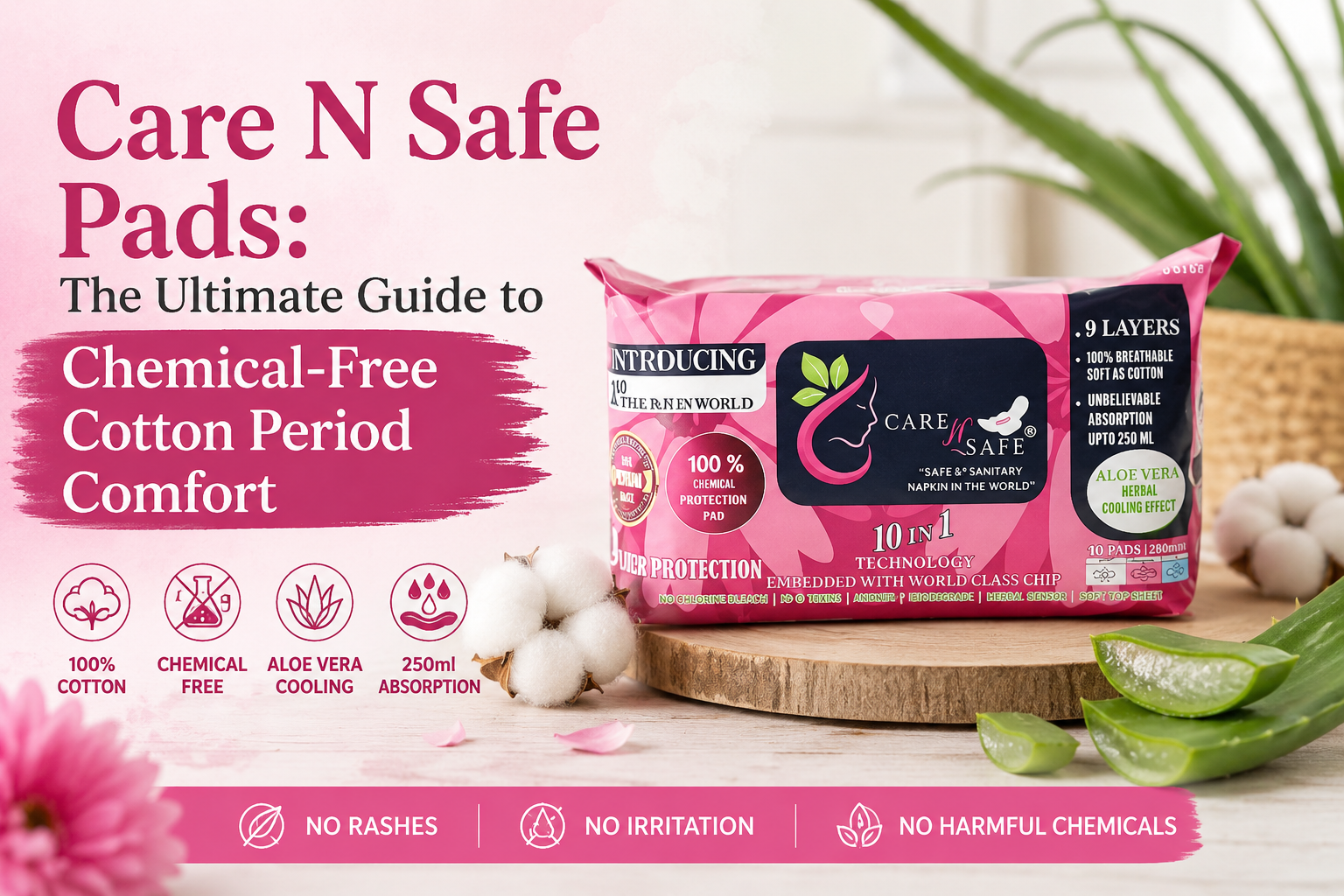 alt=Care N Safe pads organic cotton packaging with Aloe Vera label