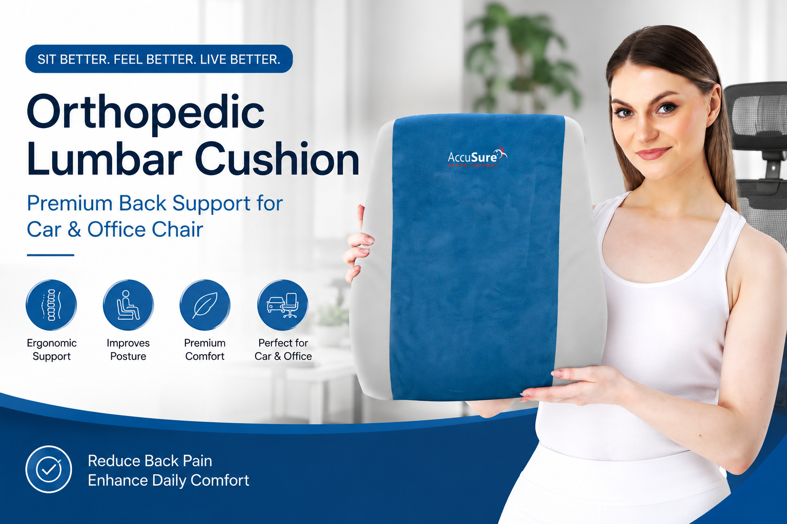 Orthopedic Lumbar Cushion Premium Back Support for Car & Office Chair